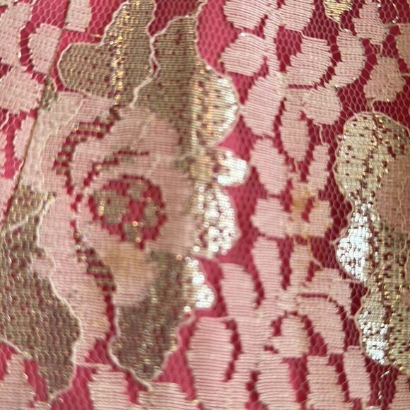 Vtg 60s pink, white & silver lace long dress with beaded & sequined neckline - Picture 9 of 9